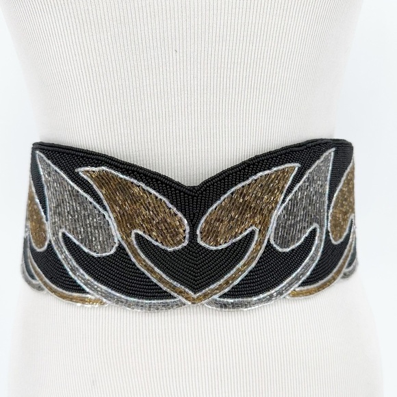Vintage Accessories - Vintage Satin Beaded Belt Black Gold Silver Pewter